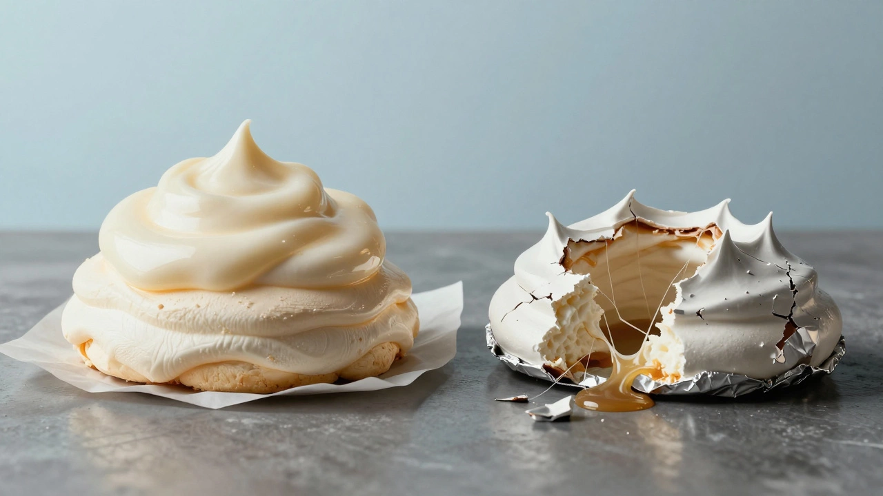 Side-by-side comparison: a flawless pavlova on parchment versus a collapsed one stuck to foil, symbolizing success and failure.