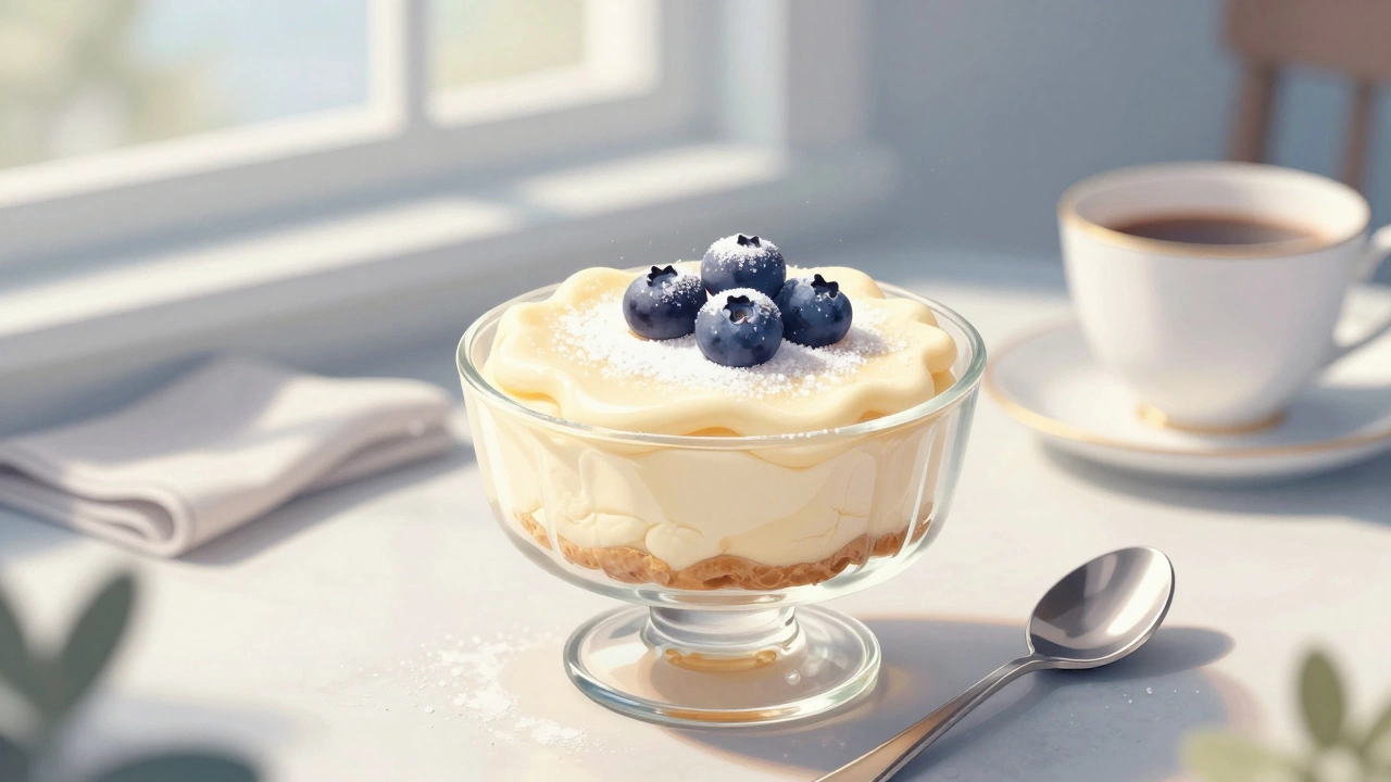 Silky continental cheesecake in a glass bowl with powdered sugar and blueberries under soft light.