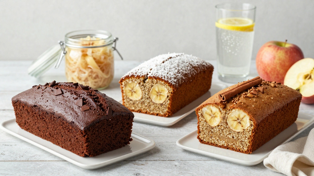 Three gut-friendly gluten-free cakes with natural ingredients and sauerkraut on a rustic table.