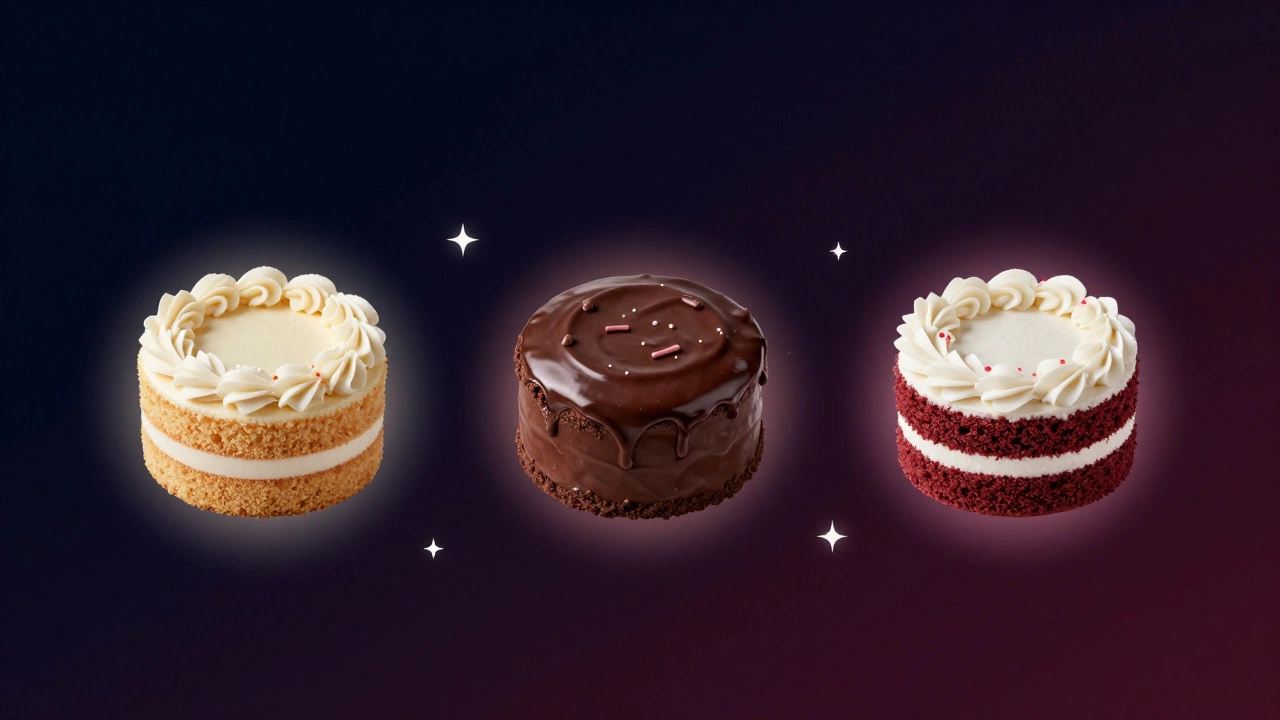 Three iconic Costco cakes floating in a cosmic space with glowing frosting halos.