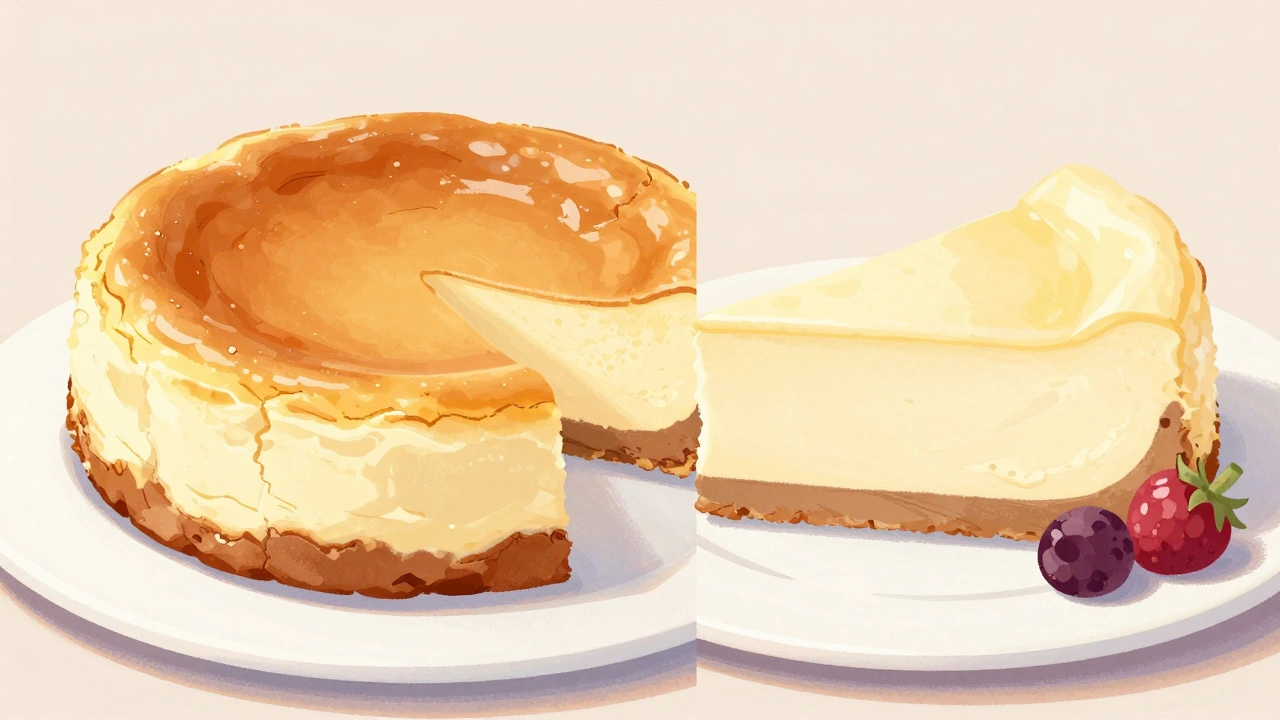 Two side-by-side cheesecakes: one rich and dense, one lighter and smoother.