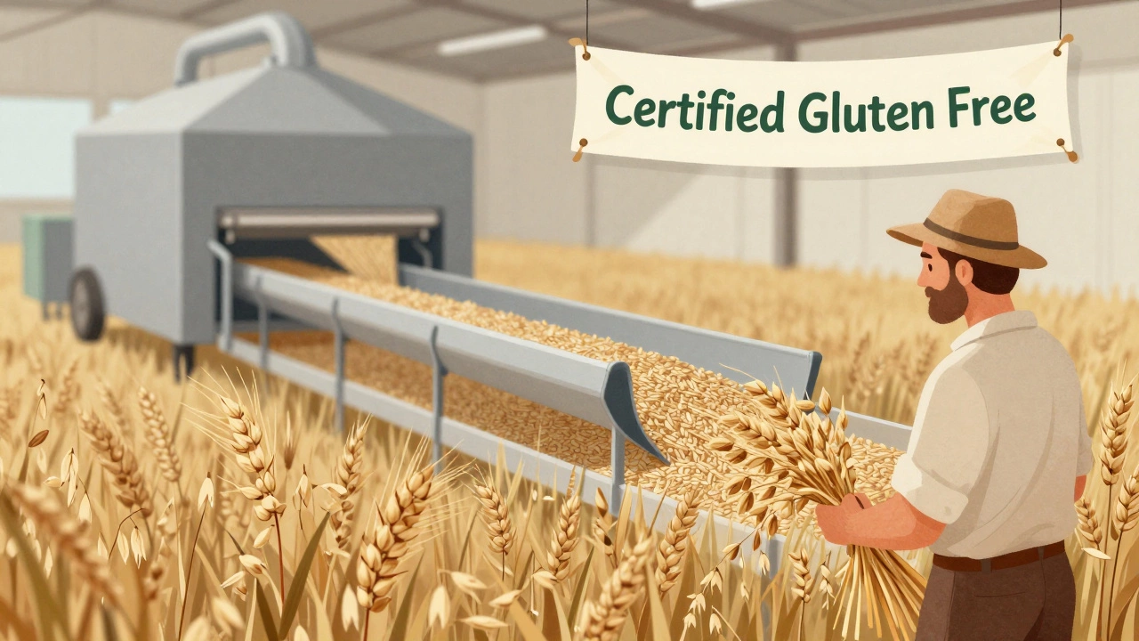 A farmer harvesting clean oats in a dedicated field, with separate processing lines in the background.