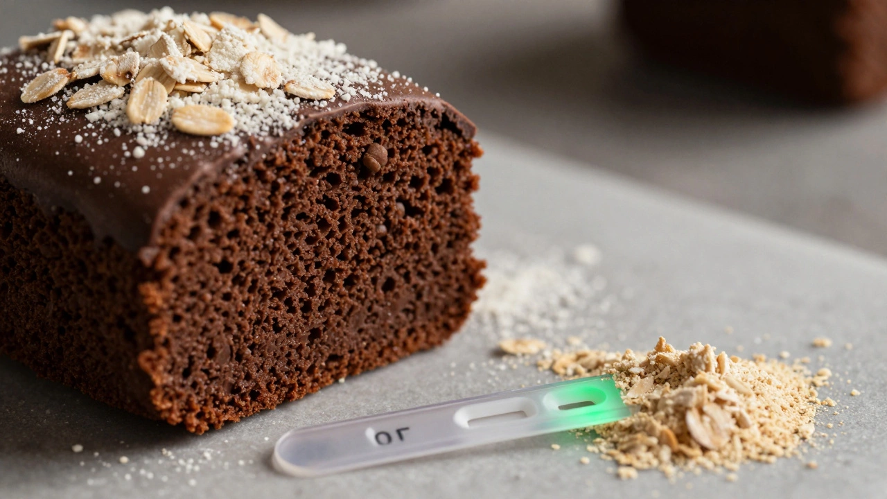 A gluten-free chocolate cake with certified oat flour beside a test strip showing gluten contamination.