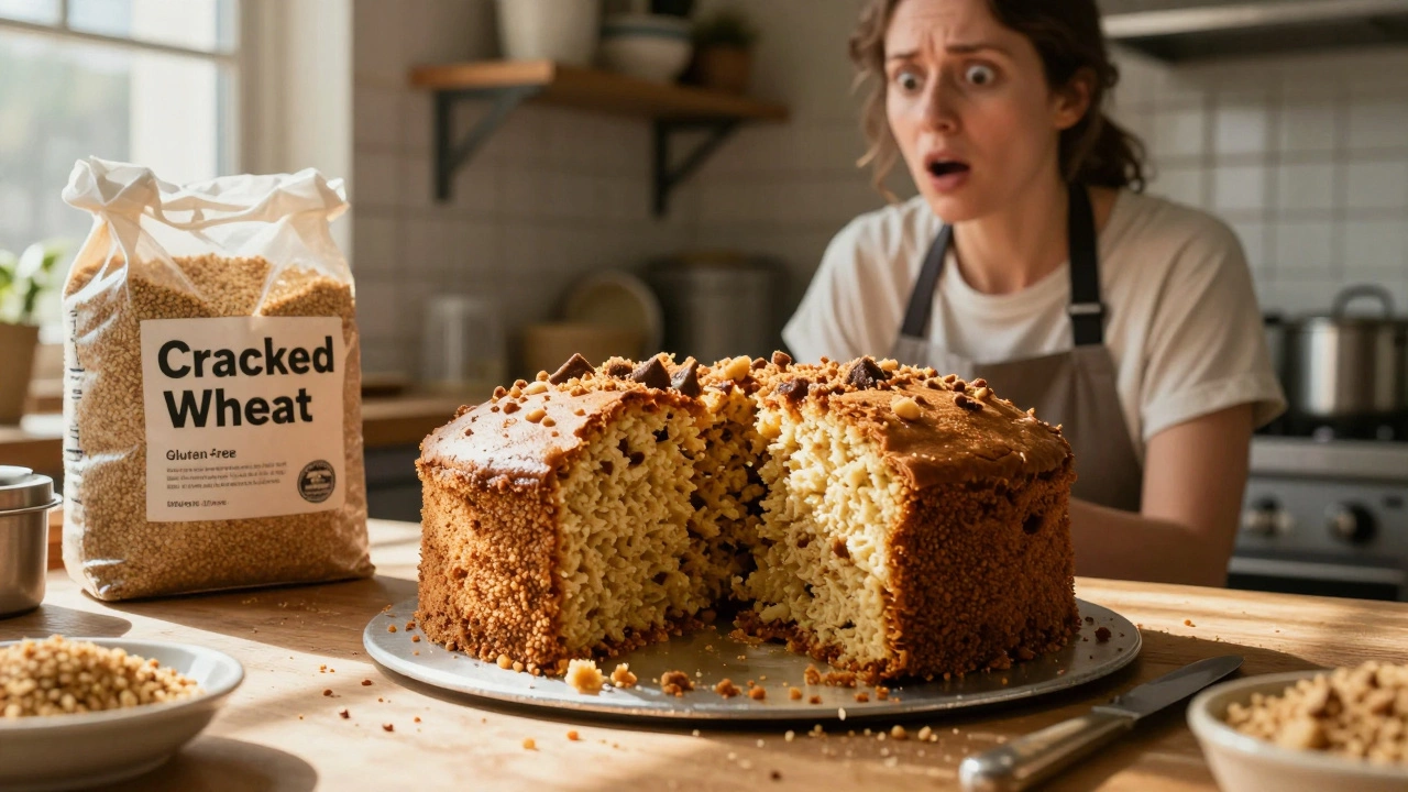 A woman shocked by a dense, gritty cake mistaken for gluten-free, with bulgur packaging visible.