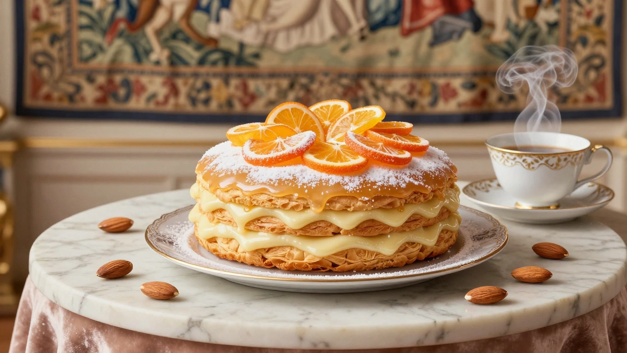 An elegant Marie Antoinette cake with glazed layers and candied orange slices on a marble table beside a teacup.