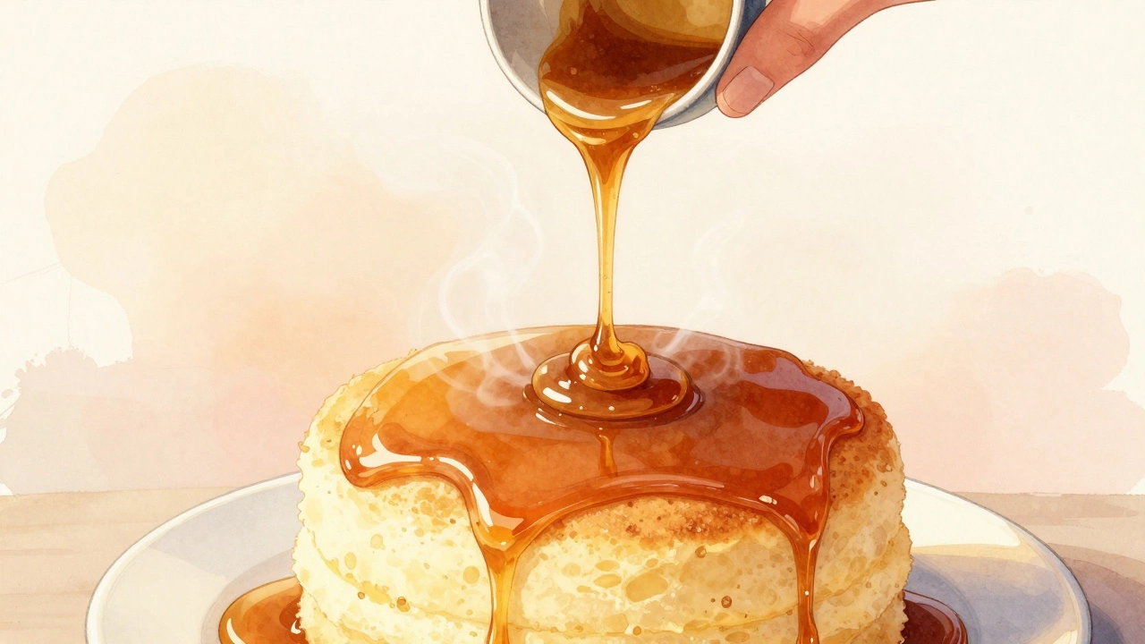 Chef pouring golden caramel onto sponge cake layer.