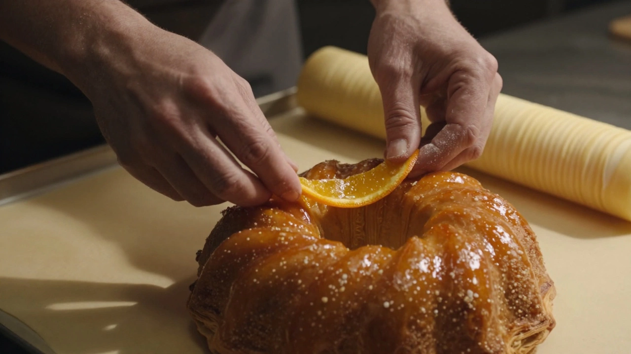 Close-up of hands placing candied orange peel on a glossy, layered Marie Antoinette cake.