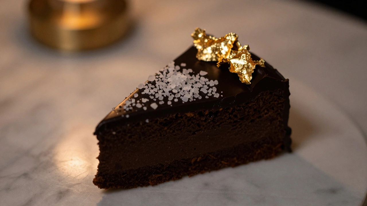 Finished trillionaire cake slice with sea salt and gold leaf topping.