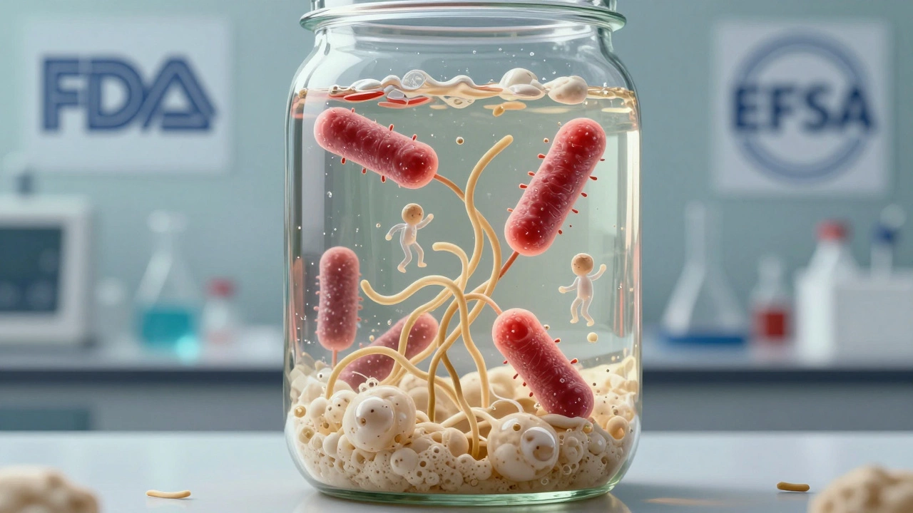 A bubbling sourdough starter with invisible gluten strands still present among breaking-down bacteria, illustrated in artistic style.