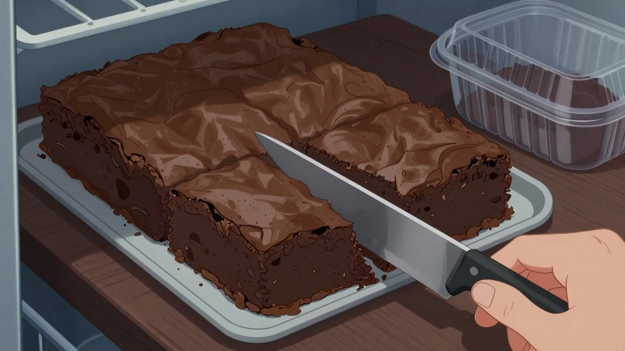 A cleanly sliced brownie bar with a fudgy center, shown after a brief chill in the fridge.