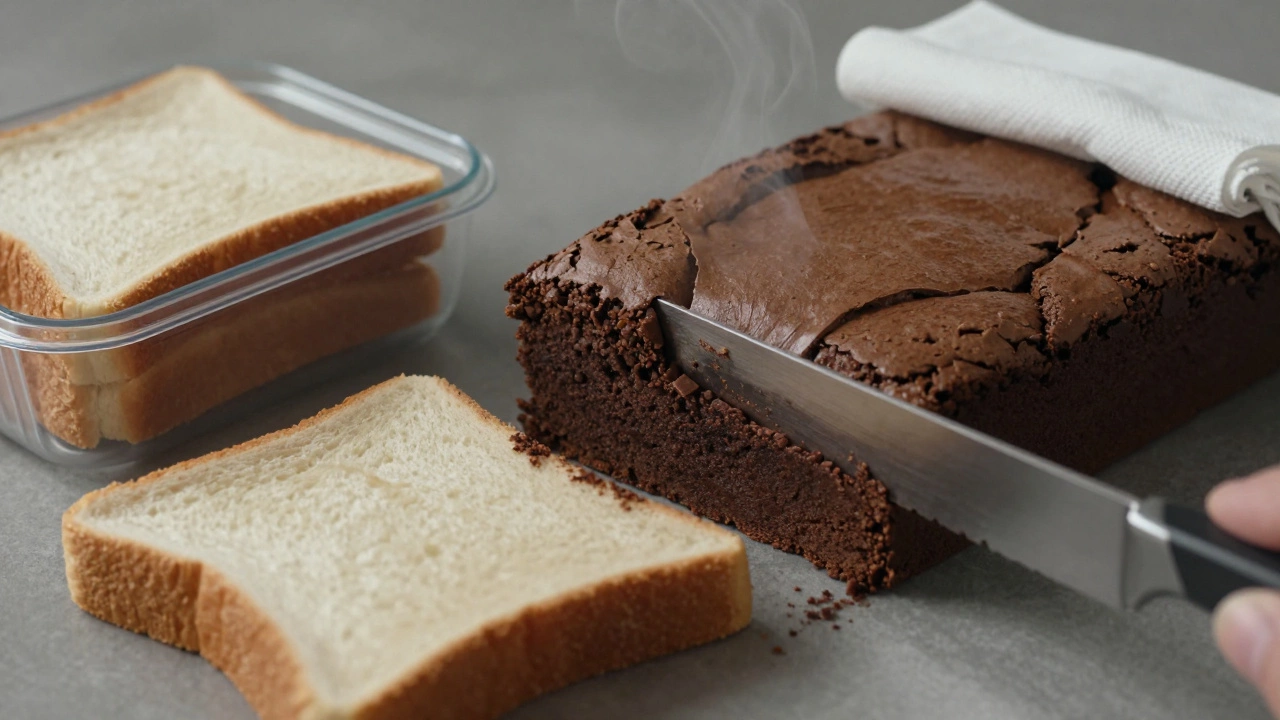 A fudgy brownie slice next to a slice of bread in an airtight container for freshness.