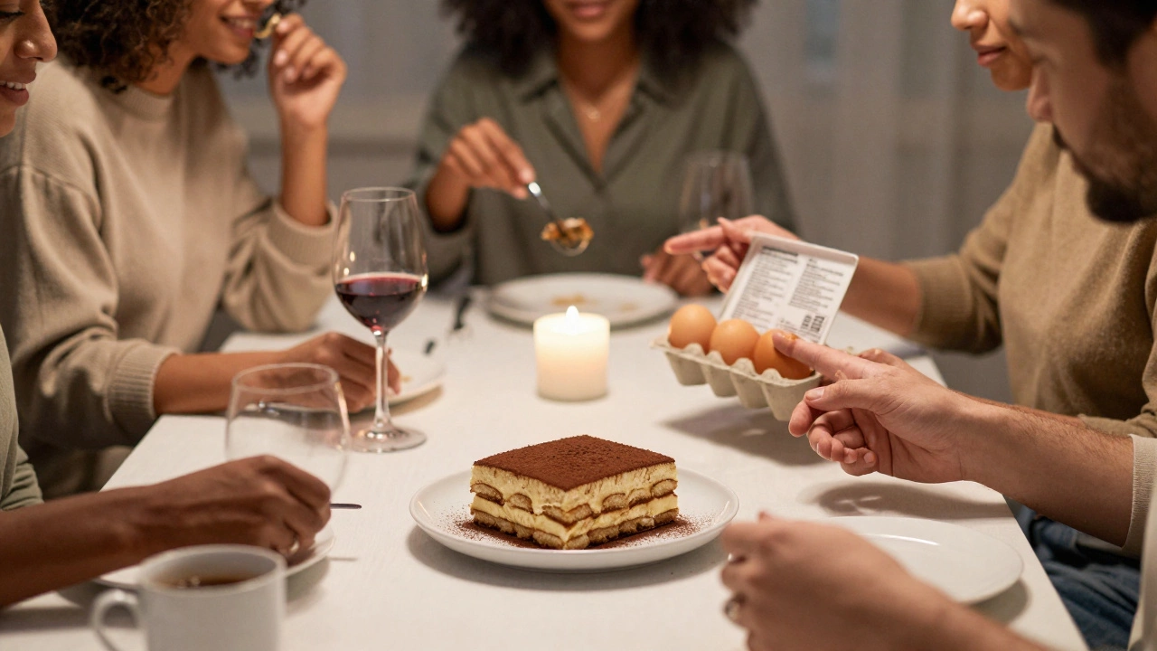 A group sharing one slice of tiramisu, with pasteurized eggs and nutrition label in view.