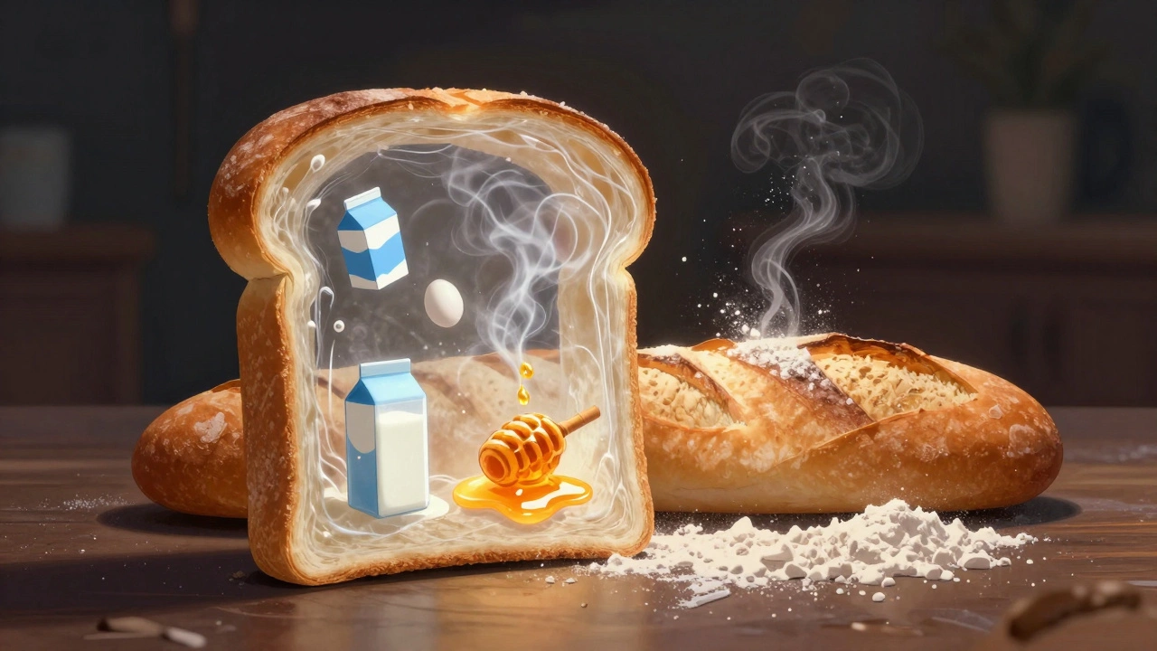 A transparent bread slice revealing hidden animal ingredients dissolving into smoke, beside a pure baguette.