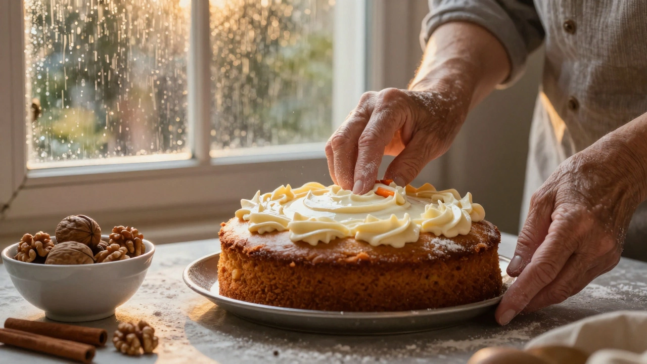 An elderly woman frosting a carrot cake as rain falls outside a sunlit kitchen window.