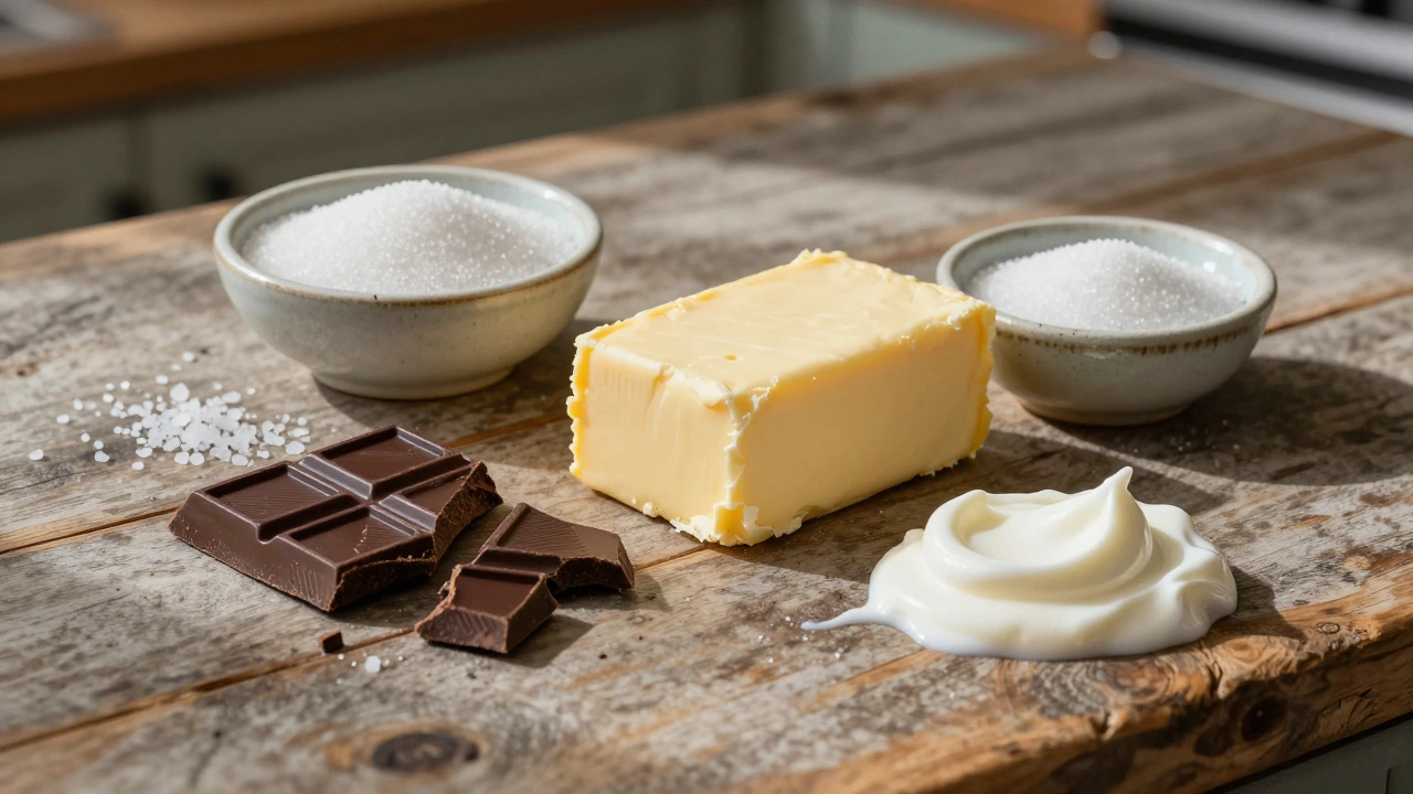 Butter, cream, chocolate, and salt ingredients on a table