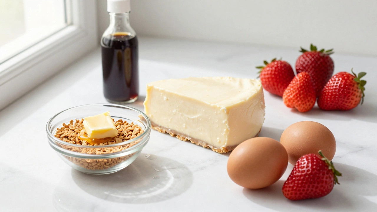 Cream cheese, strawberries, and crumbs on a kitchen counter