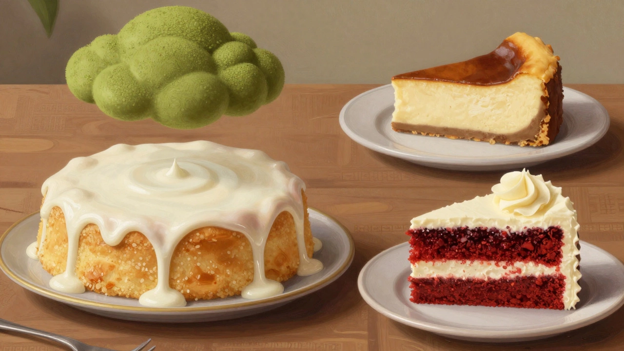 Four global cakes displayed together: tres leches, matcha chiffon, cheesecake, and red velvet.
