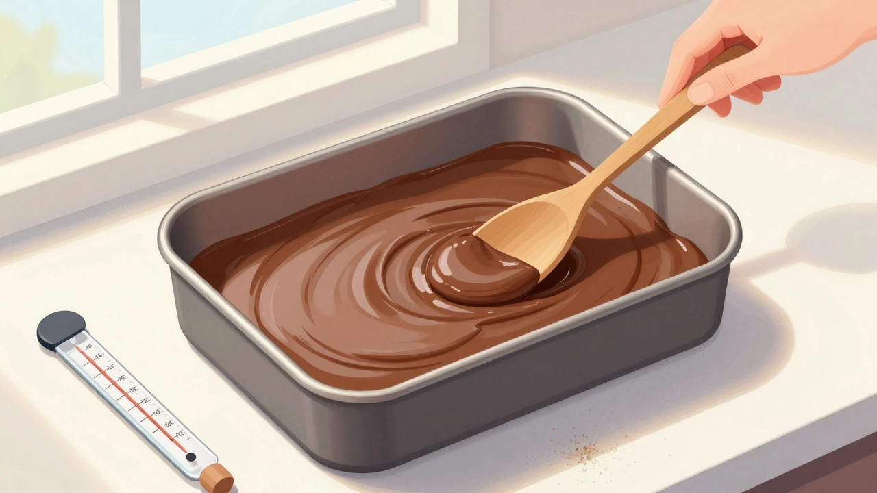 Fudge cooling at room temperature in a greased pan, no fridge in sight.