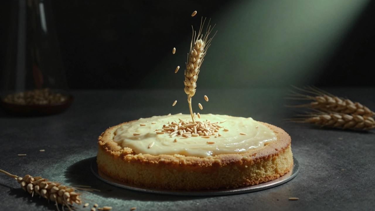 Gluten particles contaminating a cake batter from uncertified oats, with safe oats glowing.