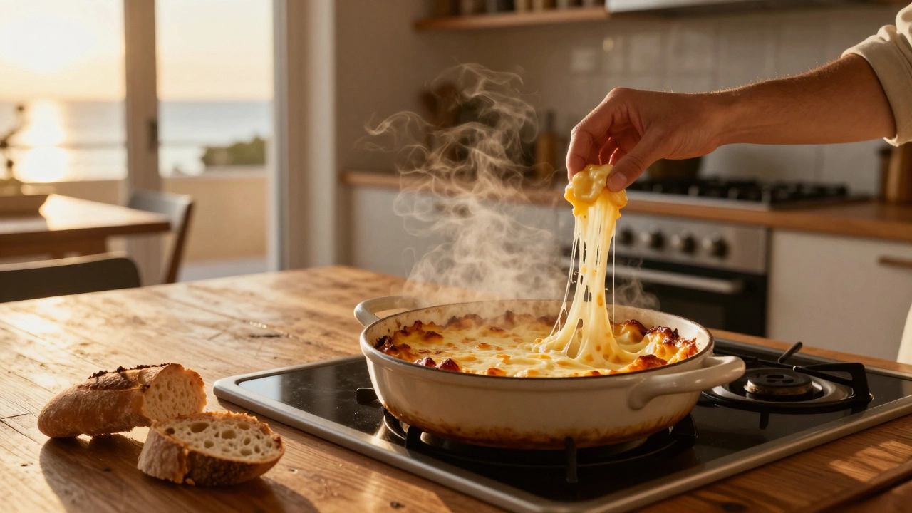 Person pulling melted cheese string from baking dish
