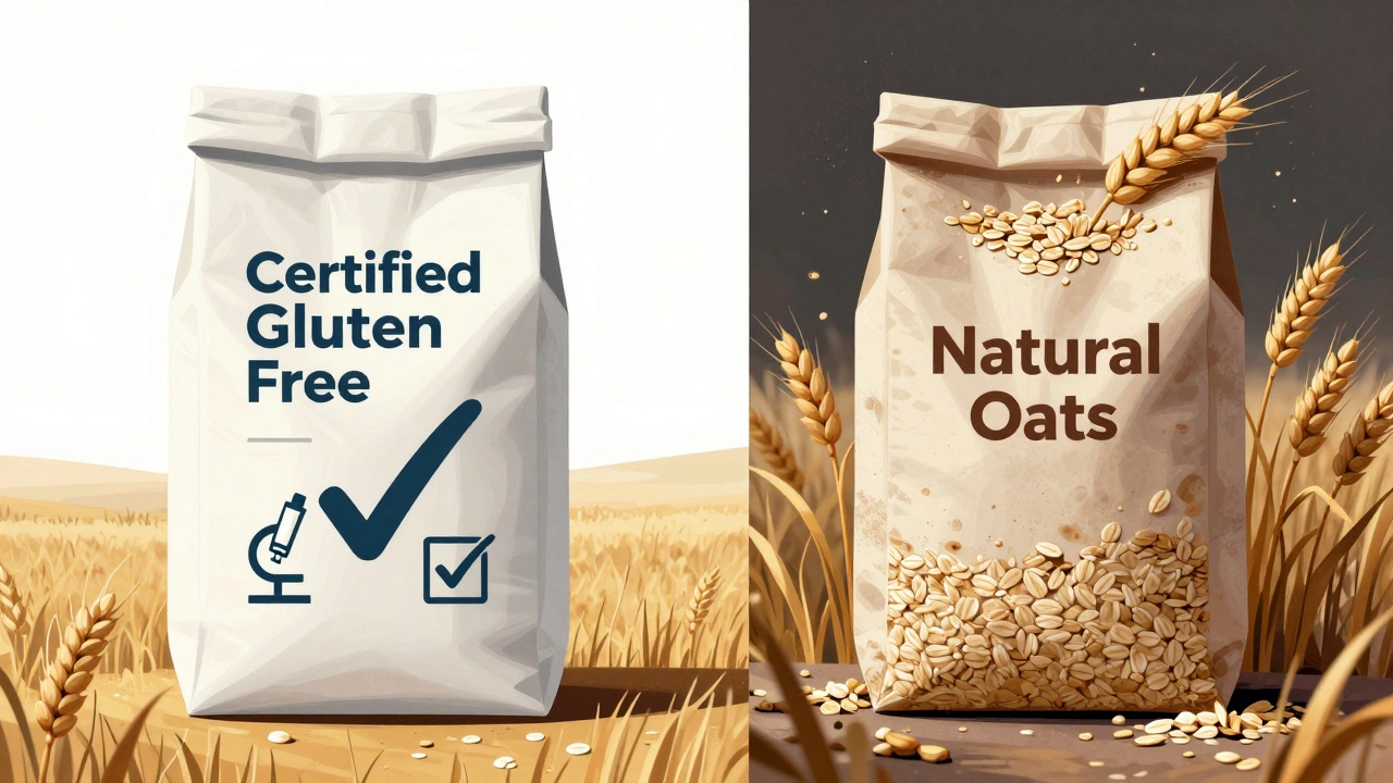 Side-by-side comparison of certified vs. contaminated oats with symbolic imagery.