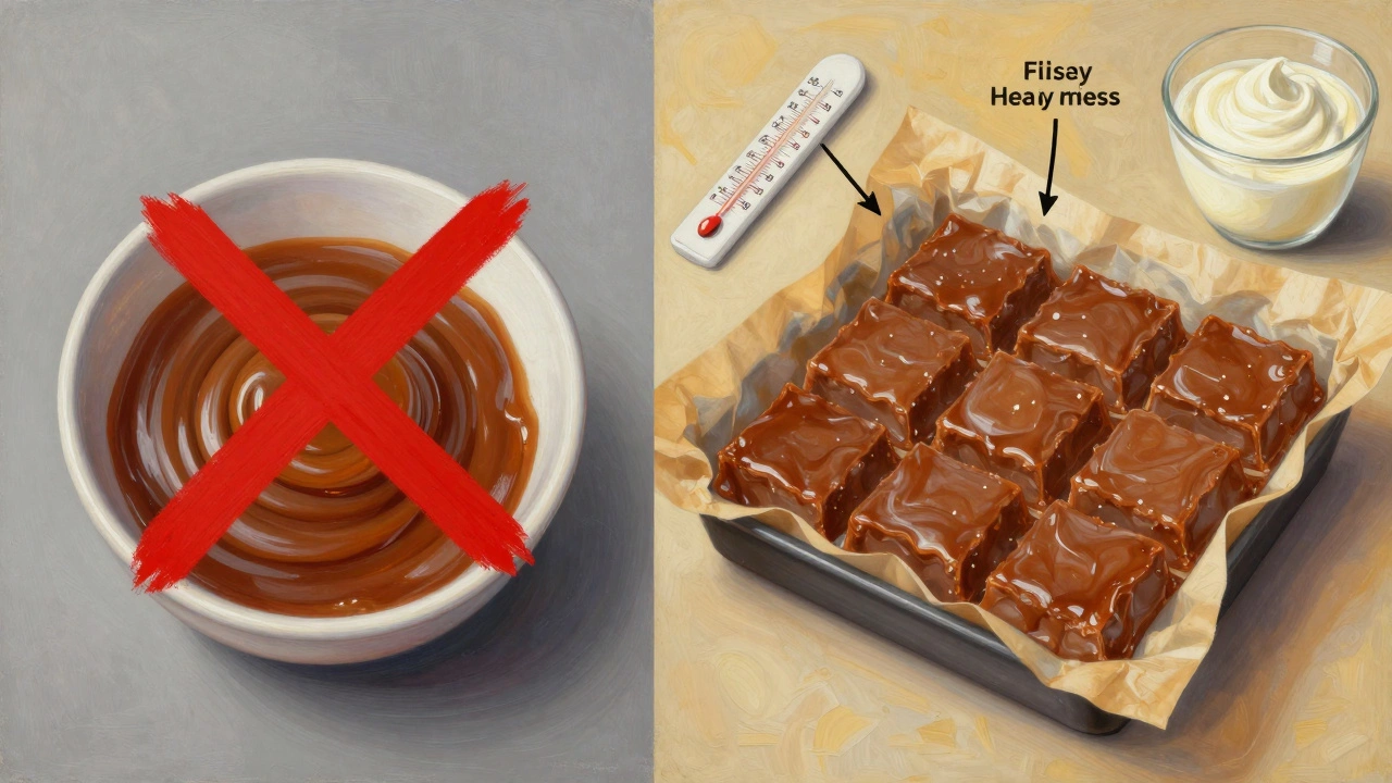 Split image: failed runny fudge vs. perfect set fudge with key fixes highlighted.