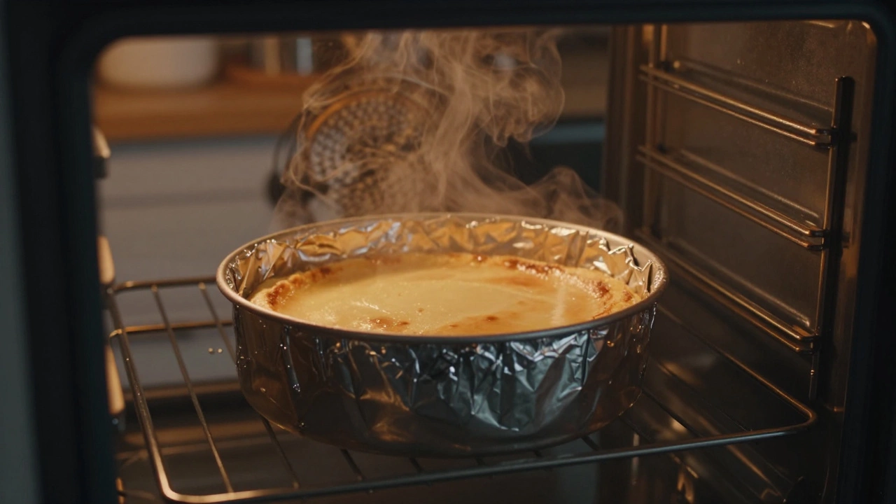 Springform pan baking in a water bath inside a lit oven