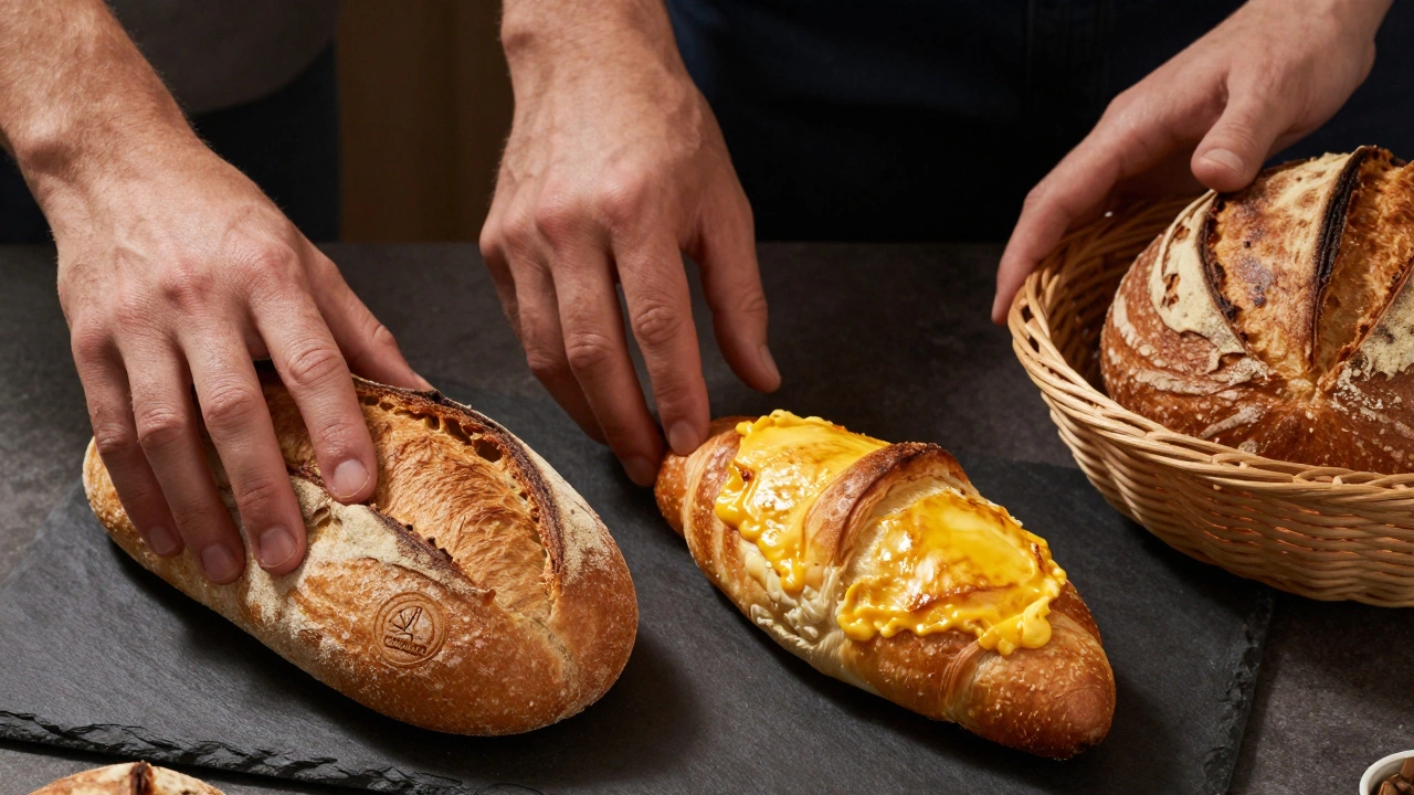 Three hands choosing bread: vegan-certified loaf, egg-washed brioche, and homemade sourdough on slate table.
