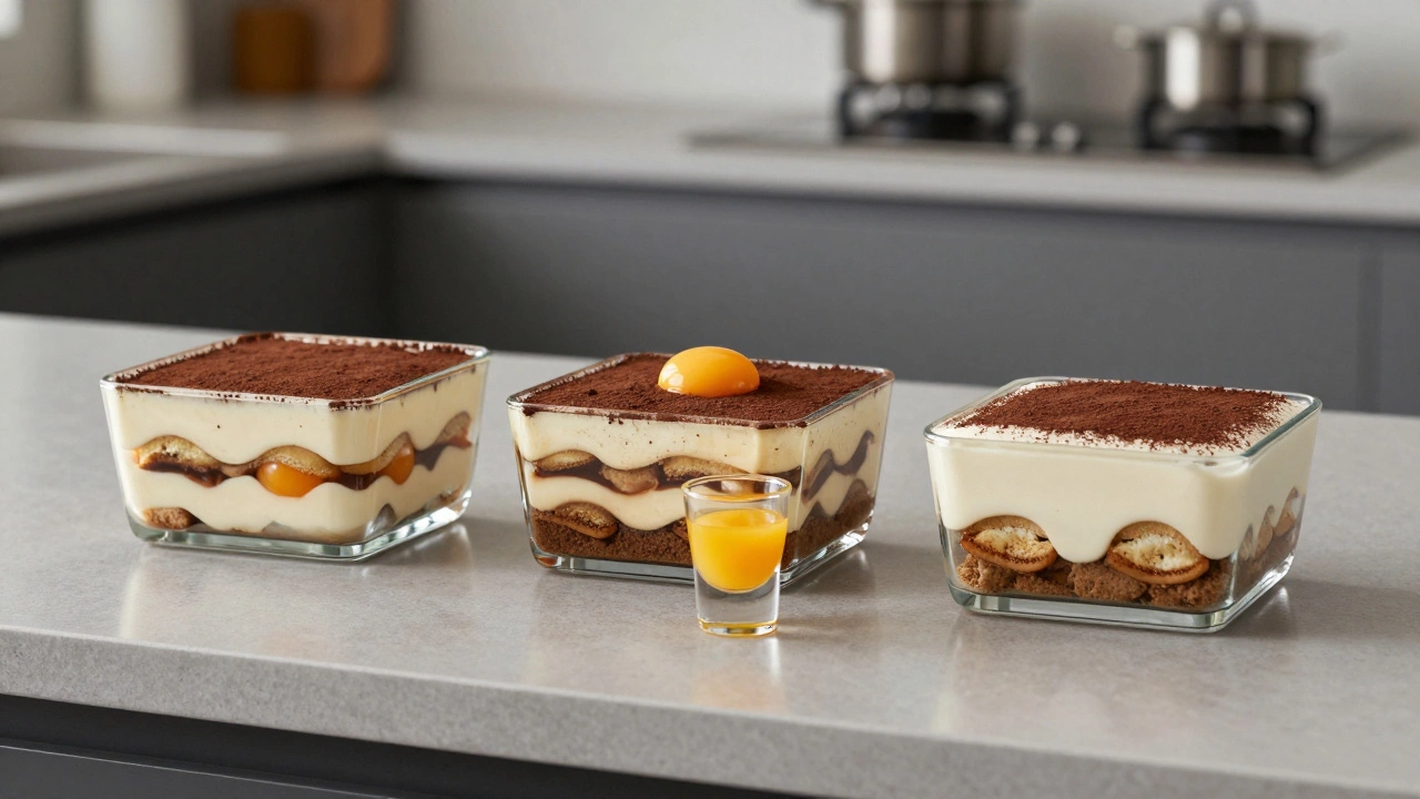 Three tiramisu versions side by side: traditional, pasteurized egg, and vegan plant-based.