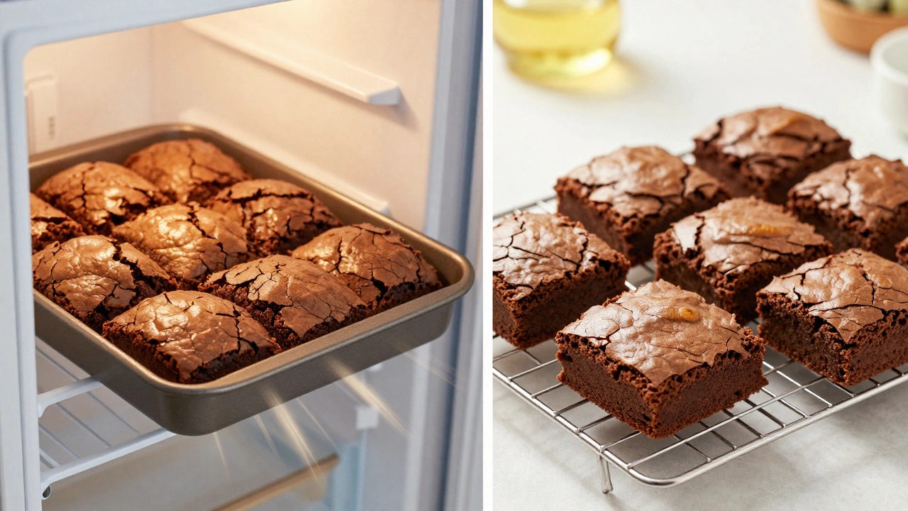 Two contrasting paths: rushed fridge cooling vs. proper room-temperature cooling for brownies.