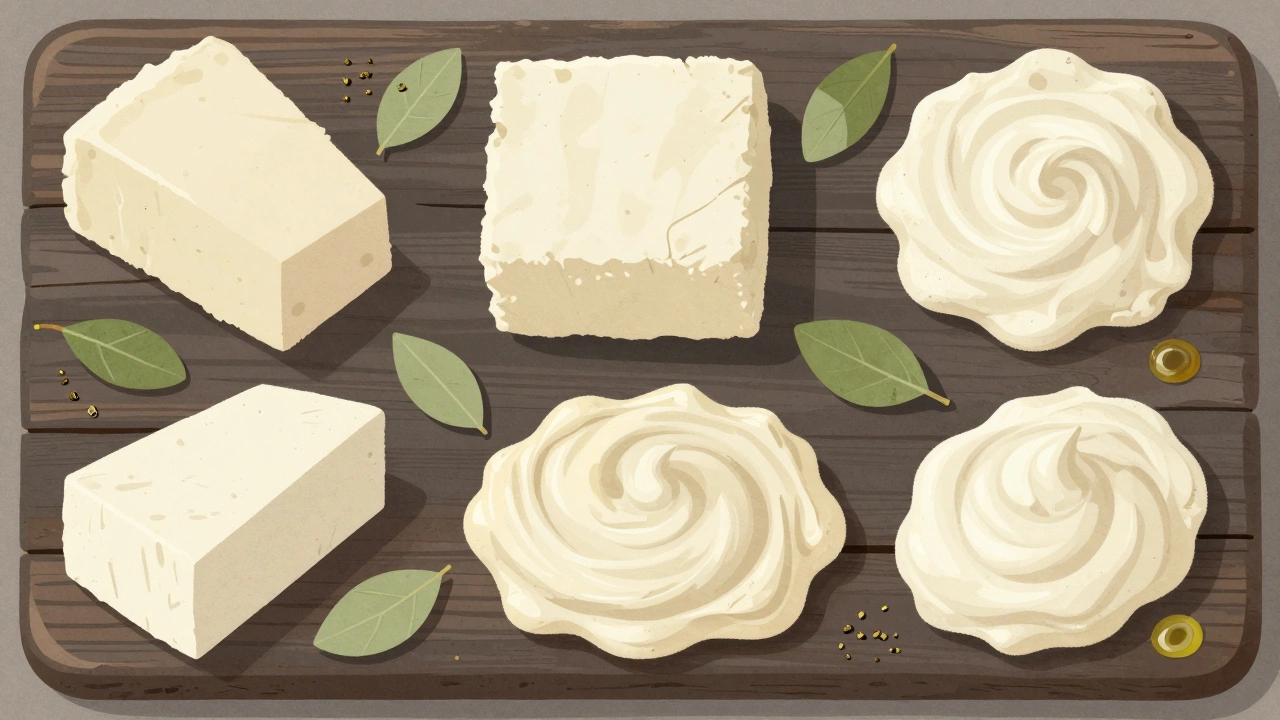 Varied white cheeses arranged on a dark wooden tray