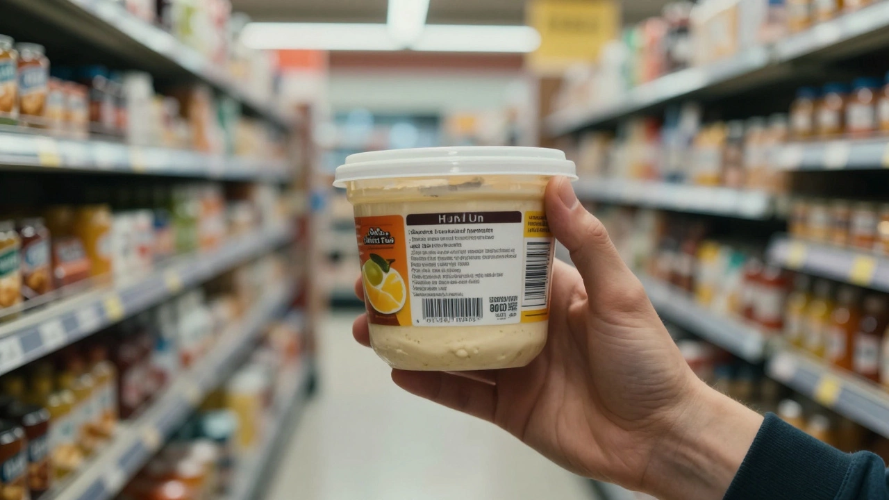 A hand checking the ingredient list on a store-bought hummus container in a supermarket.