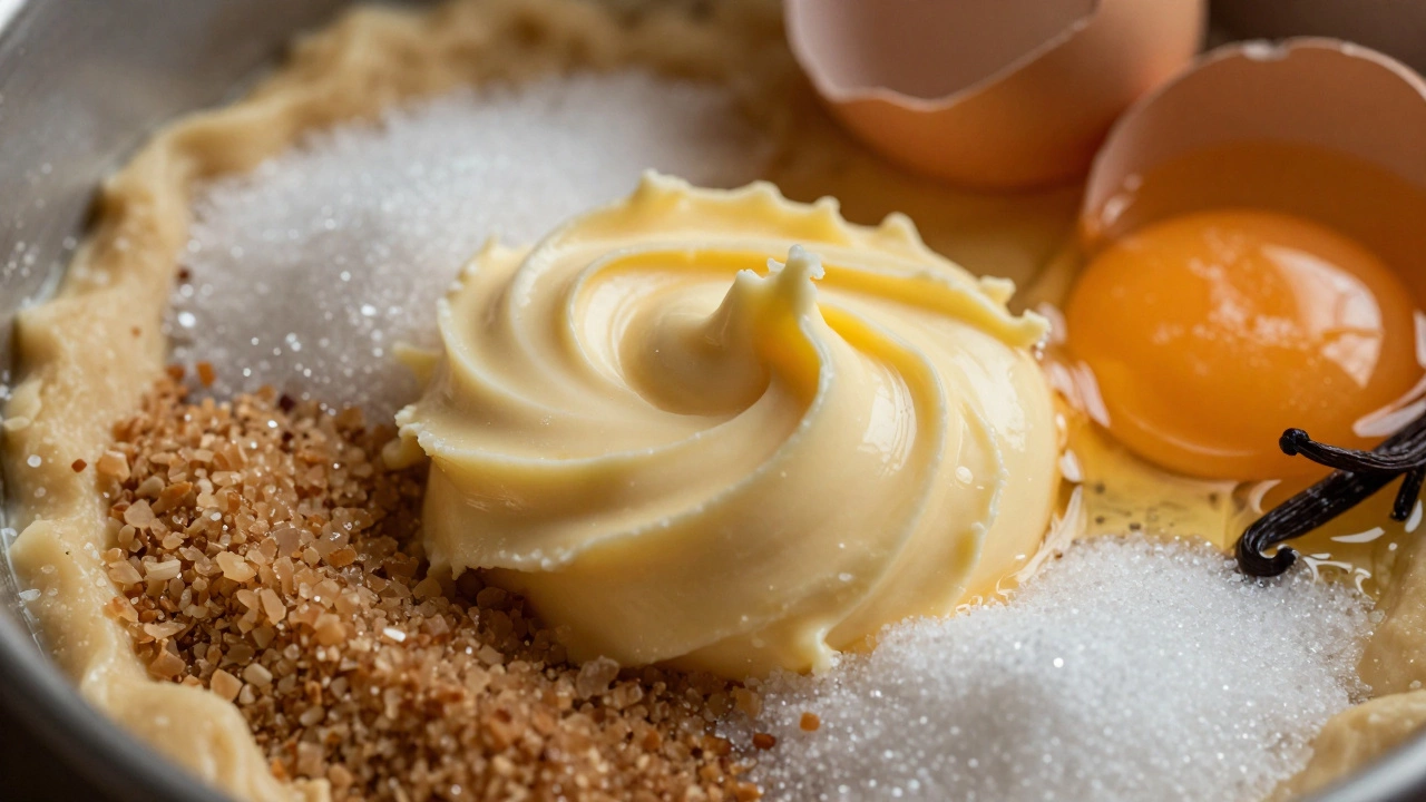 A mix of softened butter, white sugar, brown sugar, an egg and vanilla extract on a surface.