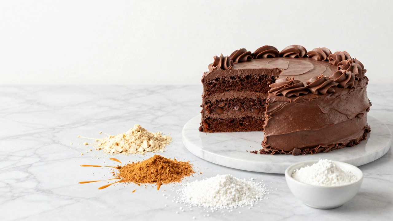 A multi-layered gluten-free chocolate cake on a marble counter with baking ingredients.