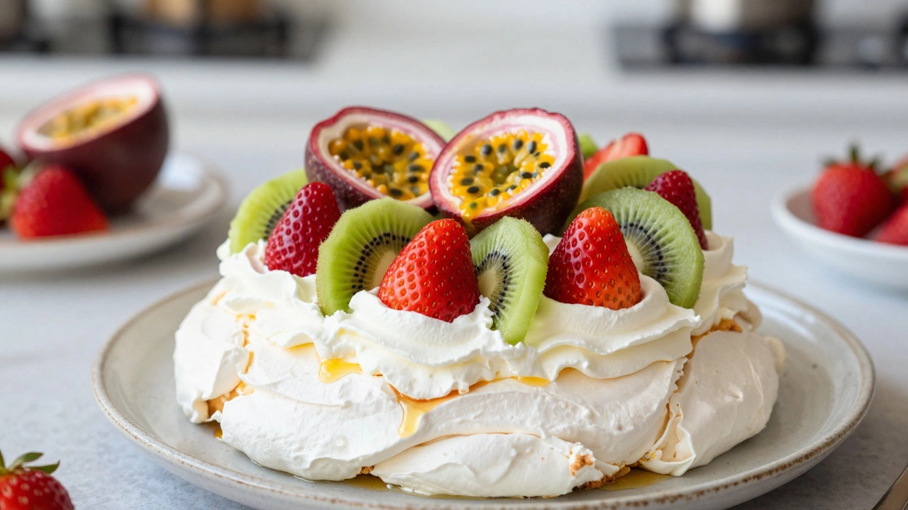 A Pavlova cake topped with whipped cream, passion fruit, kiwi, and strawberries.