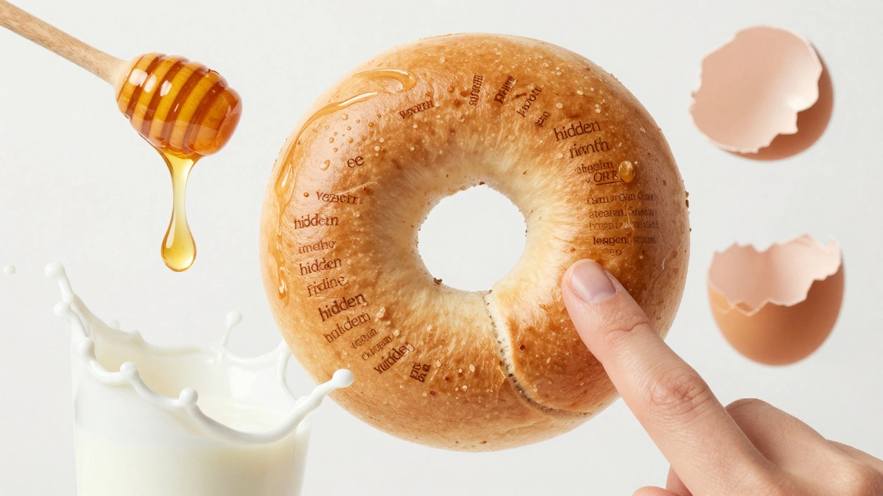 A person checking a bagel label for hidden animal ingredients