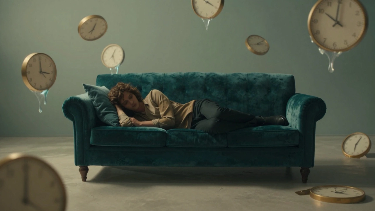 A person sunk into a sofa surrounded by melting clocks, depicting distorted time perception.