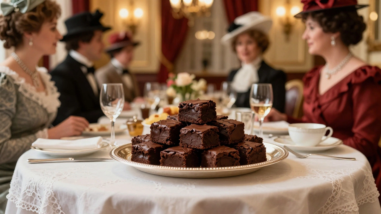 A platter of chocolate brownies served at a lavish Victorian-era afternoon tea.
