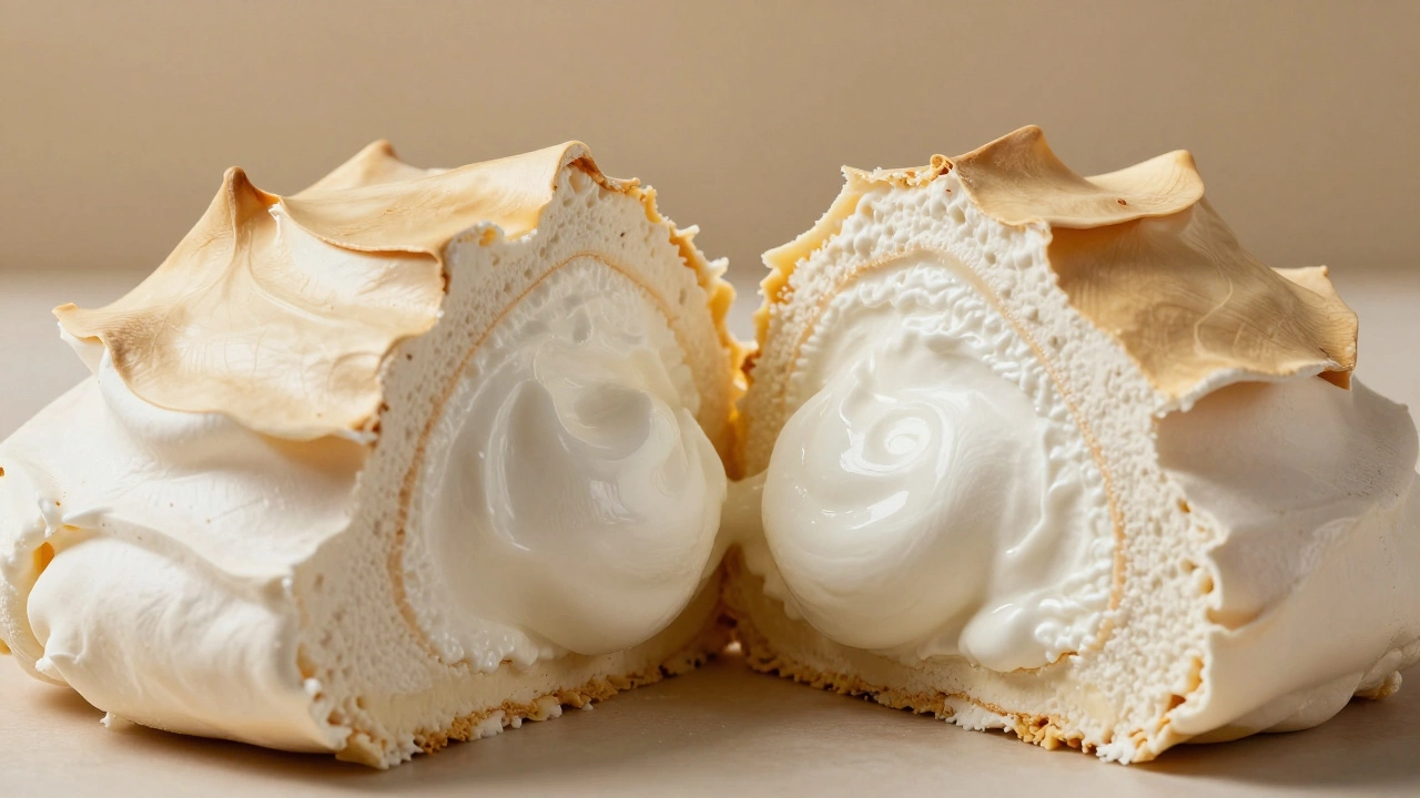 A sliced Pavlova showing the contrast between its crisp outer shell and soft center.