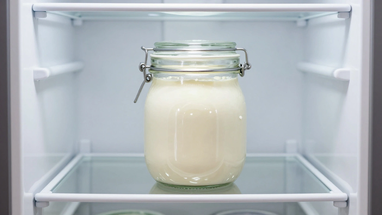 Airtight glass jar of mascarpone stored on a refrigerator shelf