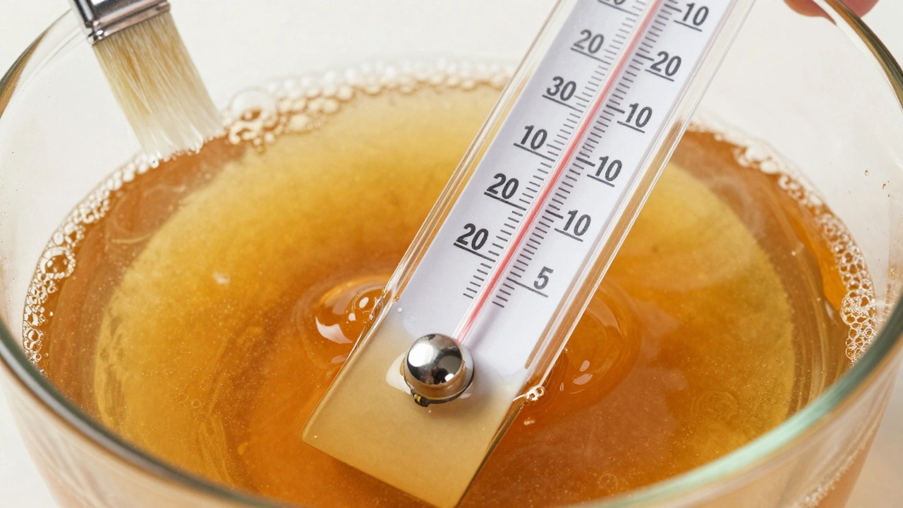 Candy thermometer in boiling sugar syrup with a pastry brush nearby
