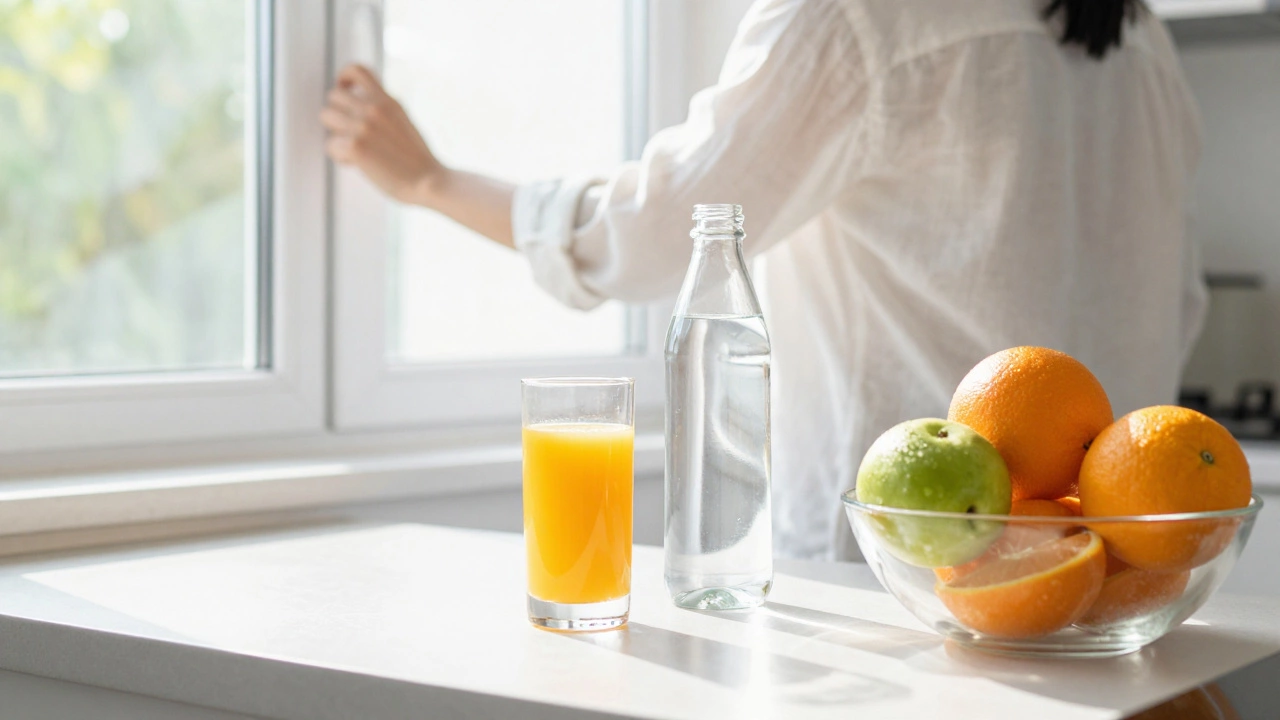 Fresh orange juice, water, and fruit on a sunny counter, symbolizing recovery and clarity.