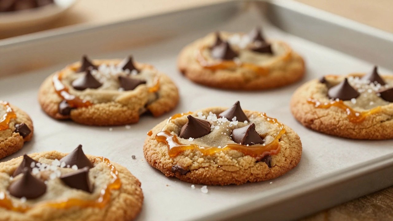 Freshly baked chocolate chip cookies with golden edges and melted chocolate on a baking sheet.
