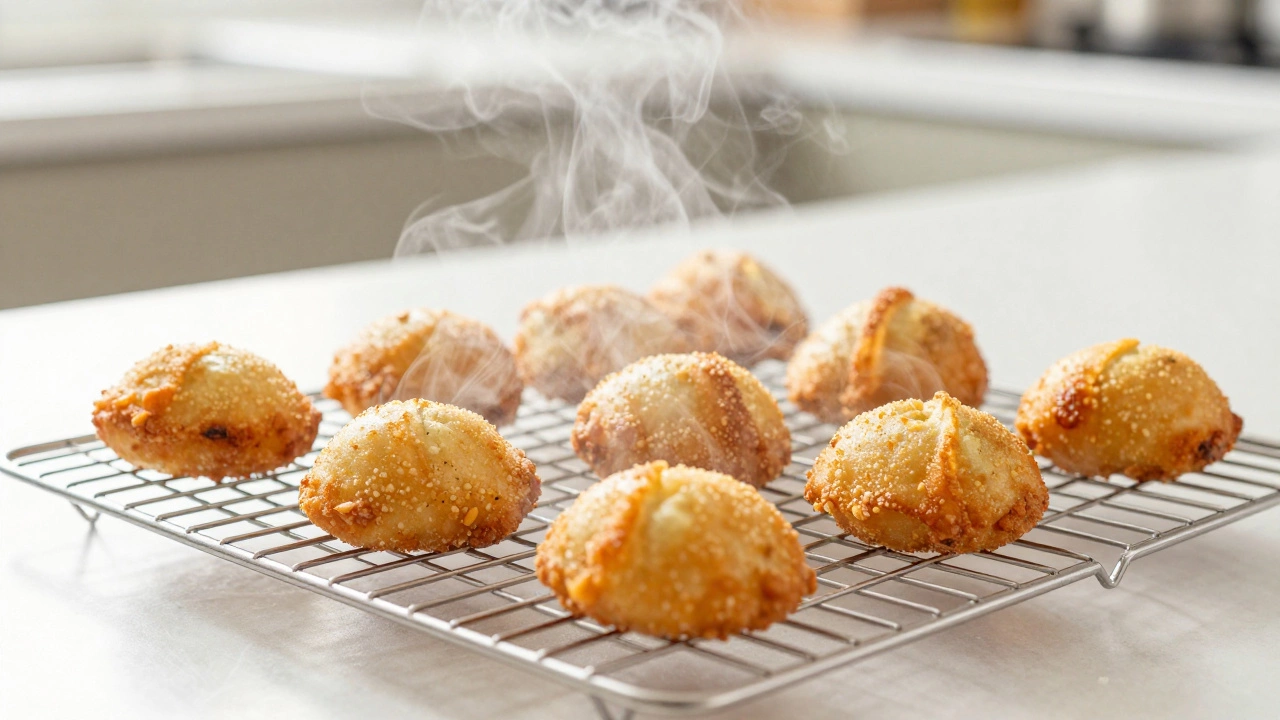 Fried snacks cooling on a wire rack with steam escaping