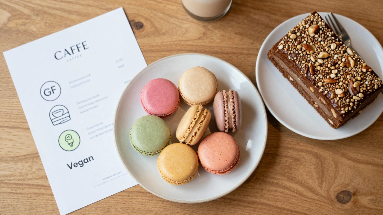 Gluten-free macarons and a nut cake on a cafe table next to a menu with GF icons.