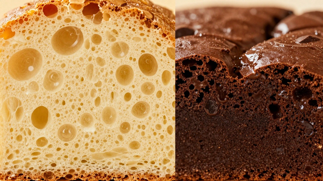 Macro comparison of the airy sponge texture of a cake versus the dense, fudgy interior of a brownie.