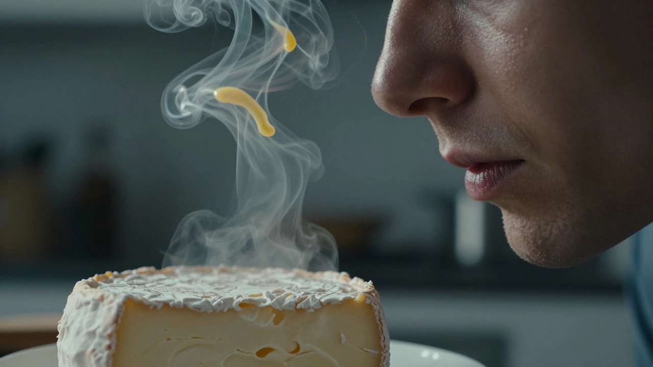 Person smelling a tub of cheese with visual representations of a sour odor