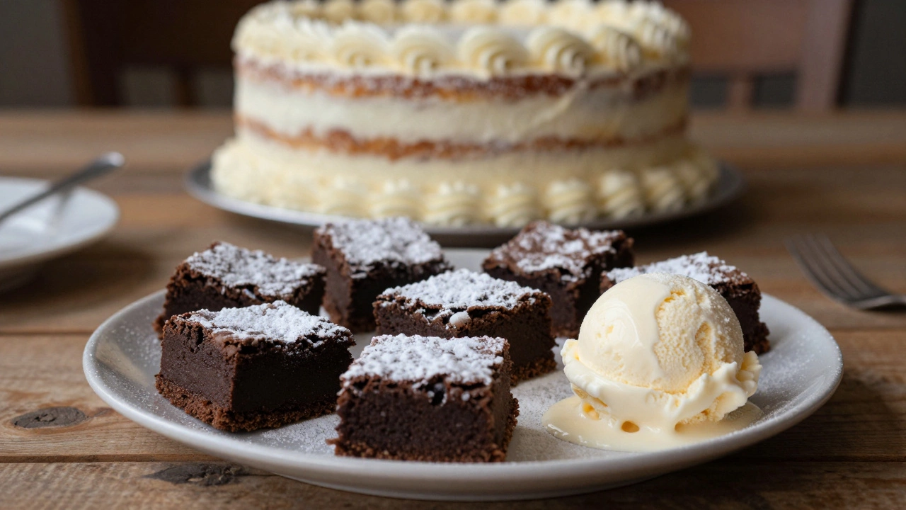 Platter of chocolate brownies with powdered sugar and ice cream, with a celebration cake in the background.