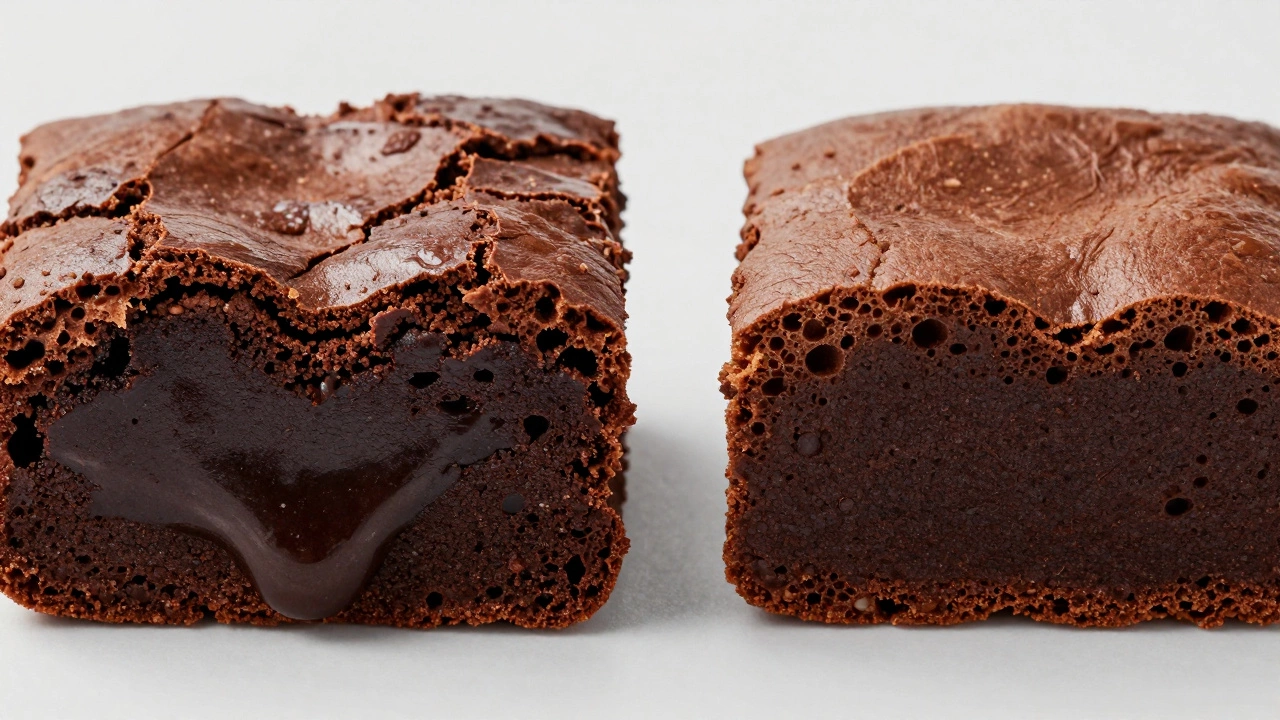 Side-by-side comparison of a dense, gooey fudgy brownie and a light, airy cakey brownie.