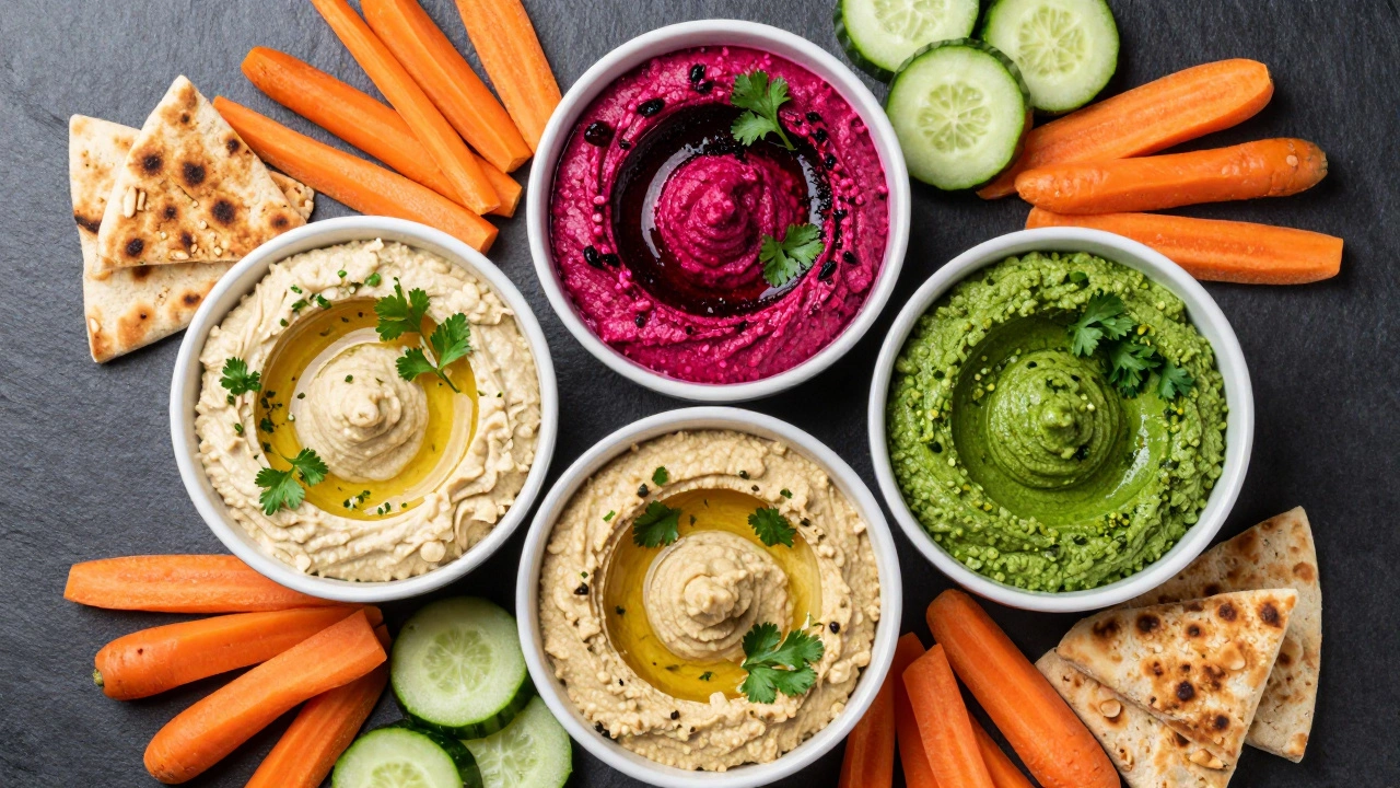 Three colorful hummus dips in beige, pink, and green, served with fresh vegetable sticks and pita.